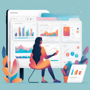 Author Authority, N-E-E-A-T, AI and Human Insights | SEO Predictions for 2025. Illustration of a person analyzing data on multiple digital dashboards, surrounded by graphs, charts, and analytics elements, symbolizing hyper-personalization and AI-driven insights in digital marketing.