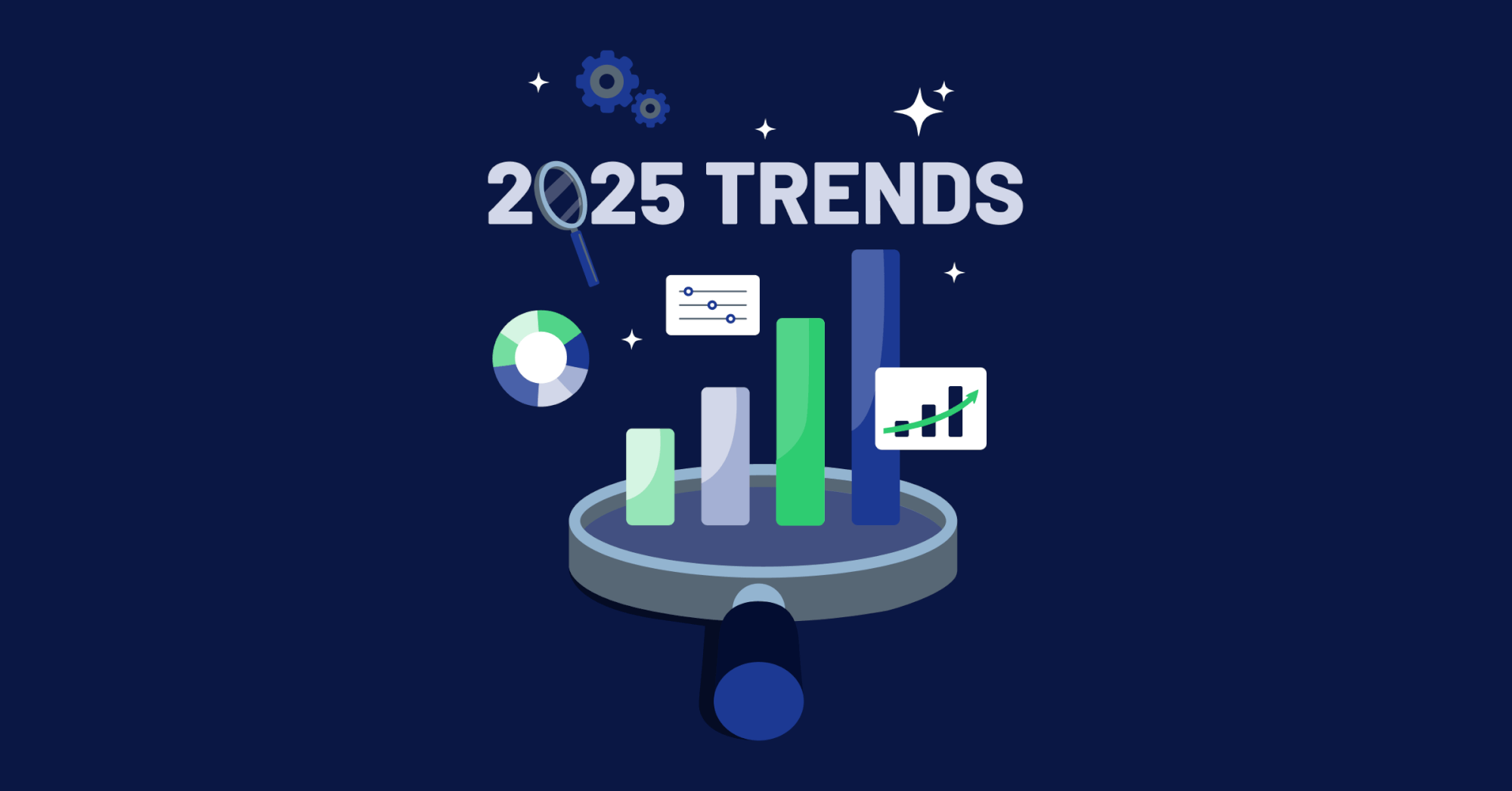 Illustration of 2025 SEO trends with a magnifying glass, bar charts, pie chart, and growth icons on a dark blue background, symbolizing data-driven insights and emerging trends in digital marketing.