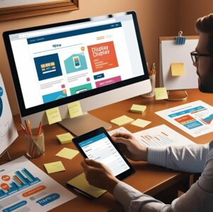 A marketer at a desk arranges a traditional display ad on a website layout, surrounded by printed mockups, sticky notes, and a tablet tracking display advertising performance. The warm lighting and classic workspace emphasize traditional ad strategies.