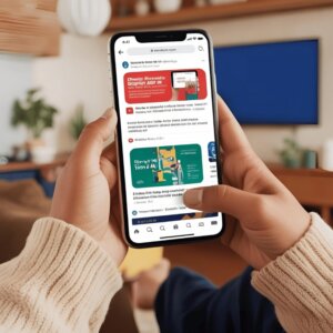 A smartphone user interacts with a display ad while scrolling through a social feed. The home setting, blended with digital elements, illustrates how display advertising captures consumer attention through targeted, engaging content.