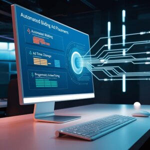 A high-tech computer screen shows real-time automated bidding and programmatic ads, with data streams connecting ad exchanges. The futuristic workspace and glowing interface highlight the efficiency of programmatic advertising.